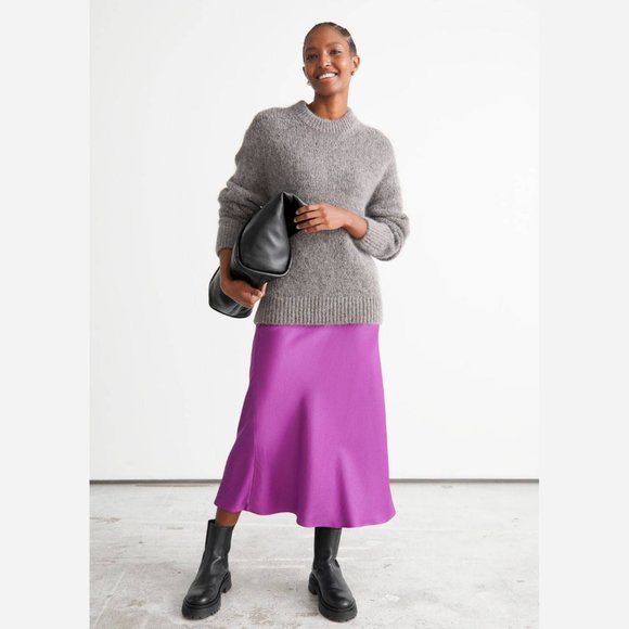 & Other Stories Purple Satin Bias-cut A-Line Midi Skirt Purple US4 - Picture 2 of 6
